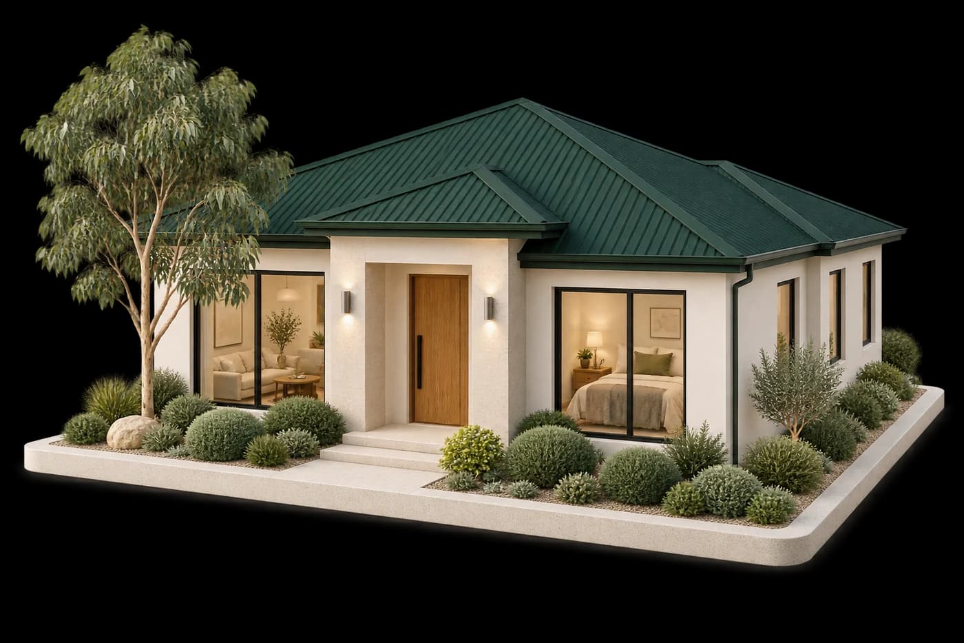Architectural miniature of a modern Australian home with a green roof and eucalyptus tree